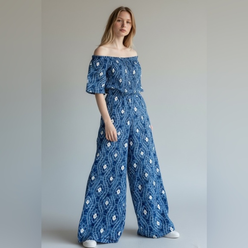 Off-Shoulder Wide Leg Jumpsuit in Indigo Floral